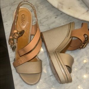 Chloe Leather Beige and Tan Wedge Sandals Sz 37 1/2